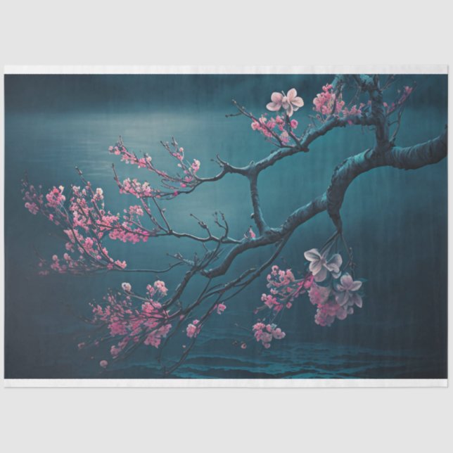 Pink Cherry Blossom Branch, Chinoiserie Tissue Paper (Front)