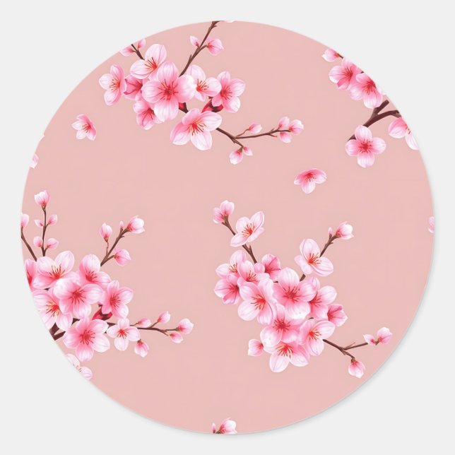 Pink Cherry Blossom Branches Pattern Classic Round Sticker (Front)