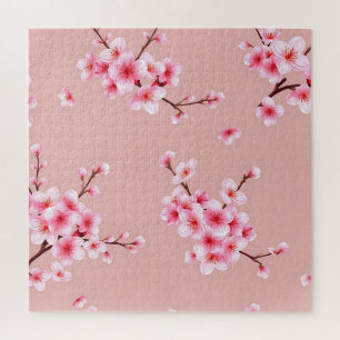 Pink Cherry Blossom Branches Pattern Jigsaw Puzzle