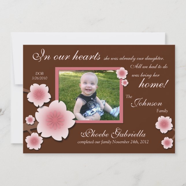 Pink Cherry Blossom & Brown Adoption Announcements (Front)