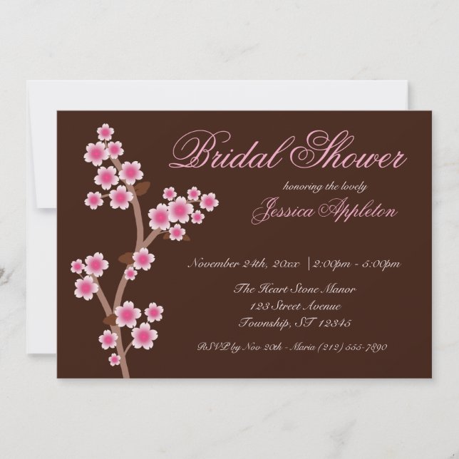 Pink Cherry Blossom Brown Bridal Shower Invitation (Front)
