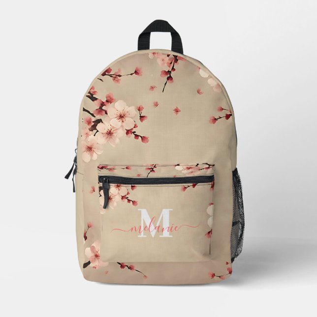 Pink Cherry Blossom Custom Monogram Name Printed Backpack (Front)