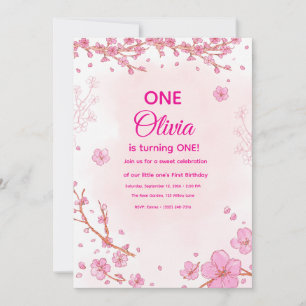 Pink Cherry Blossom First Birthday Invitation
