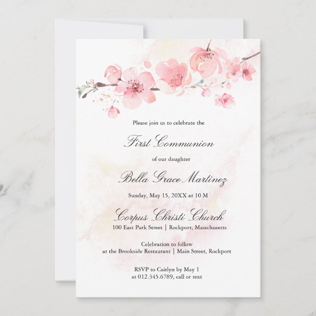Pink Cherry Blossom First Holy Communion Invitation (Front)