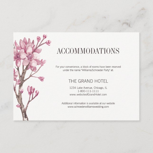 Pink Cherry Blossom Floral Accommodations Enclosure Card (Front)