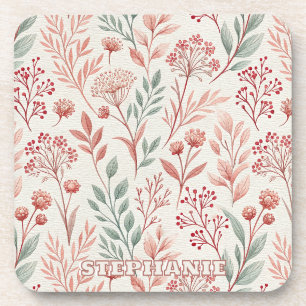 Pink Cherry Blossom, Floral and Leaves Pattern Coaster