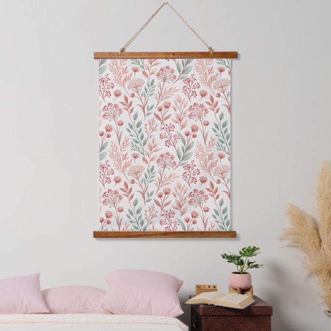 Pink Cherry Blossom, Floral and Leaves Pattern Hanging Tapestry (Bedroom)
