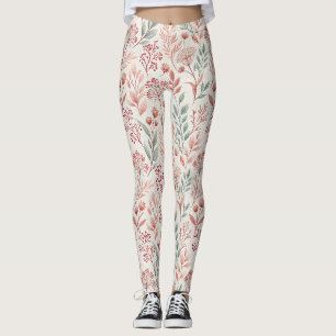 Pink Cherry Blossom, Floral and Leaves Pattern Leggings