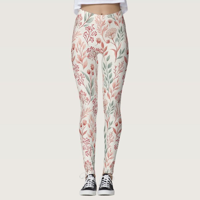 Pink Cherry Blossom, Floral and Leaves Pattern Leggings (Front)