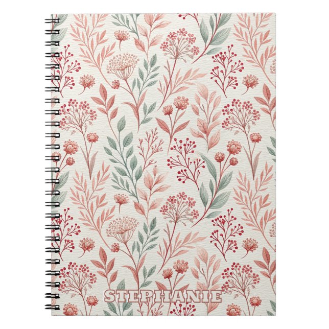Pink Cherry Blossom, Floral and Leaves Pattern Notebook (Front)