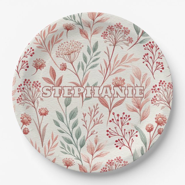 Pink Cherry Blossom, Floral and Leaves Pattern Paper Plate (Front)