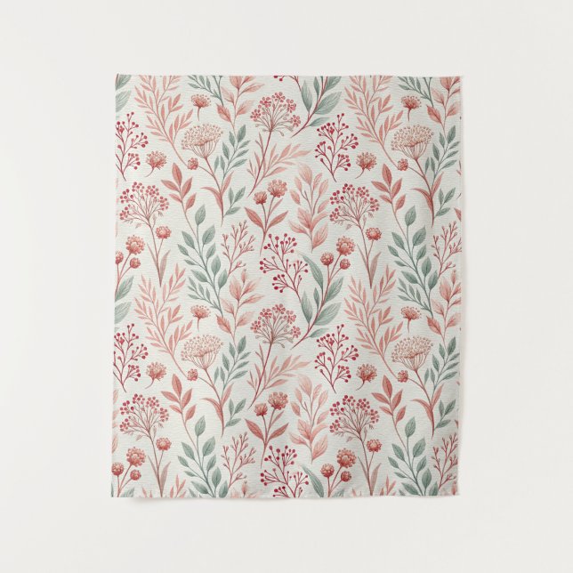 Pink Cherry Blossom, Floral and Leaves Pattern Tapestry (Front)