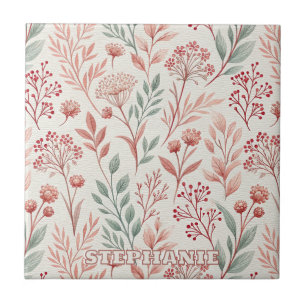 Pink Cherry Blossom, Floral and Leaves Pattern Tile