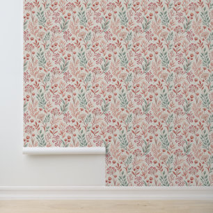 Pink Cherry Blossom, Floral and Leaves Pattern Wallpaper