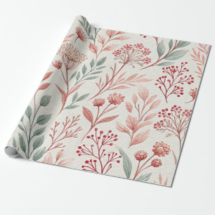 Pink Cherry Blossom, Floral and Leaves Pattern Wrapping Paper