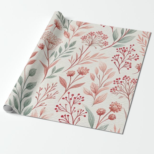 Pink Cherry Blossom, Floral and Leaves Pattern Wrapping Paper (Unrolled)