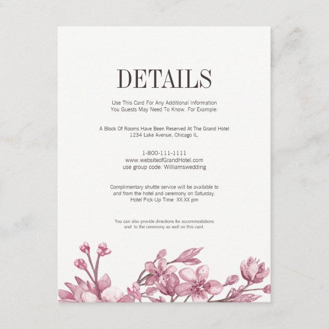 Pink Cherry Blossom Floral Details Enclosure Card (Front)
