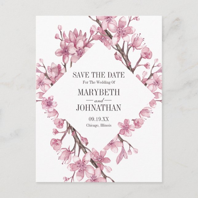 Pink Cherry Blossom Floral Frame Save The Date Invitation Postcard (Front)