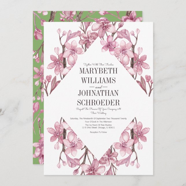 Pink Cherry Blossom Floral Frame Wedding Invitation (Front/Back)