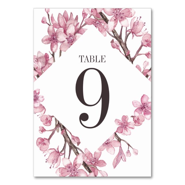 Pink Cherry Blossom Floral Frame Wedding Table Number (Front)