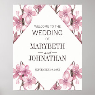 Pink Cherry Blossom Floral Frame Wedding Welcome Poster