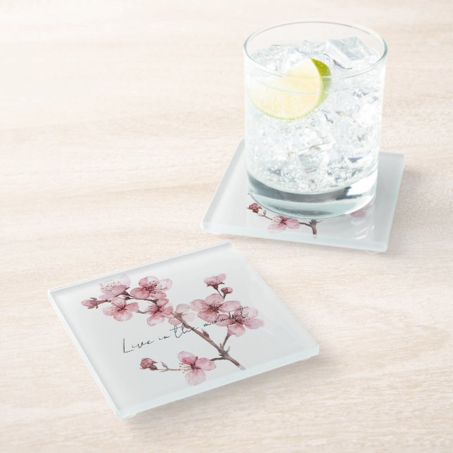 Pink Cherry Blossom Floral  Glass Coaster (Angled)