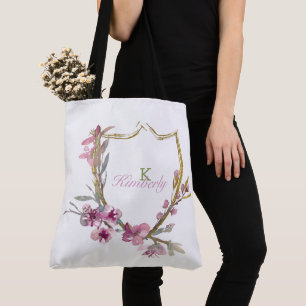 Pink Cherry Blossom Floral Initial Name Monogram Tote Bag