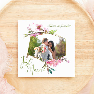 Pink Cherry Blossom Floral Just Married Holiday Card