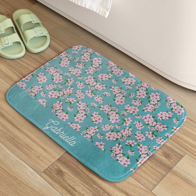 Pink cherry blossom Floral Pattern Name Bath Mat (Creator Uploaded)