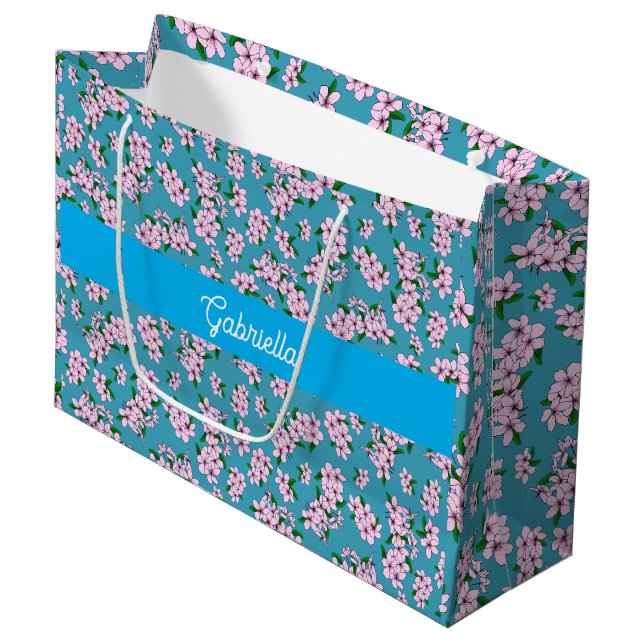 Pink cherry blossom Floral Pattern Name Large Gift Bag (Front Angled)