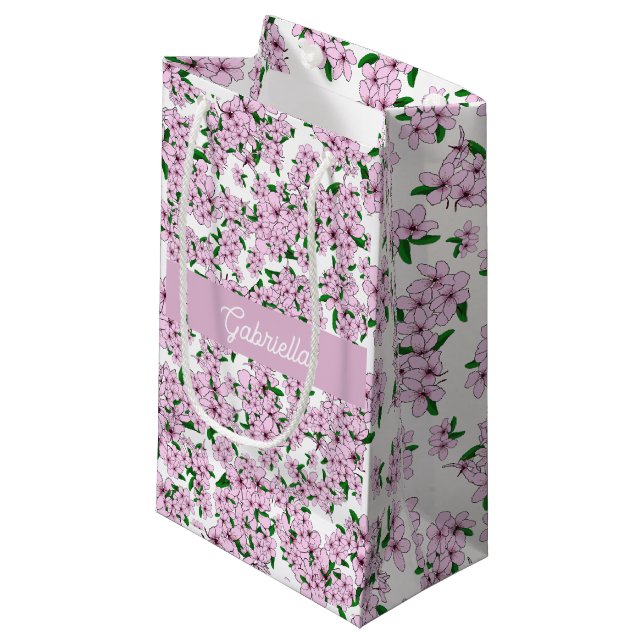 Pink cherry blossom Floral Pattern Name Small Gift Bag (Front Angled)