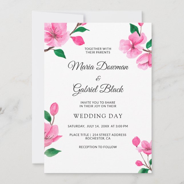 Pink Cherry Blossom. Floral Spring Wedding Invitation (Front)
