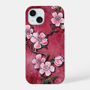 Pink Cherry Blossom Floral Tattoo Art Design iPhone 15 Case