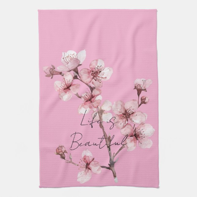 Pink Cherry Blossom Floral  Tea Towel (Vertical)