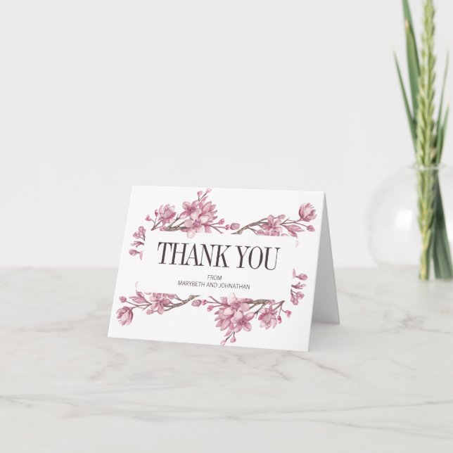 Pink Cherry Blossom Floral Thank You Wedding Card (Front)