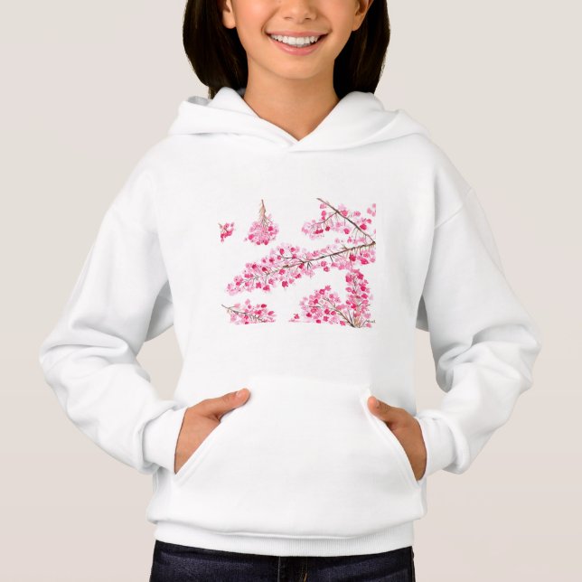 Pink cherry blossom floral watercolor girl hoodie (Front)