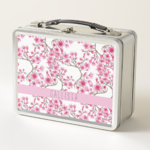 Pink Cherry Blossom Floral Watercolor Monogram Metal Lunch Box