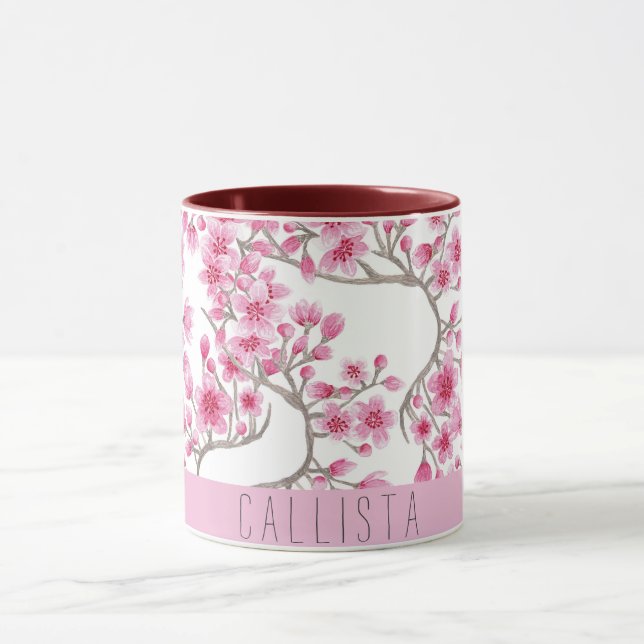 Pink Cherry Blossom Floral Watercolor Monogram Mug (Center)