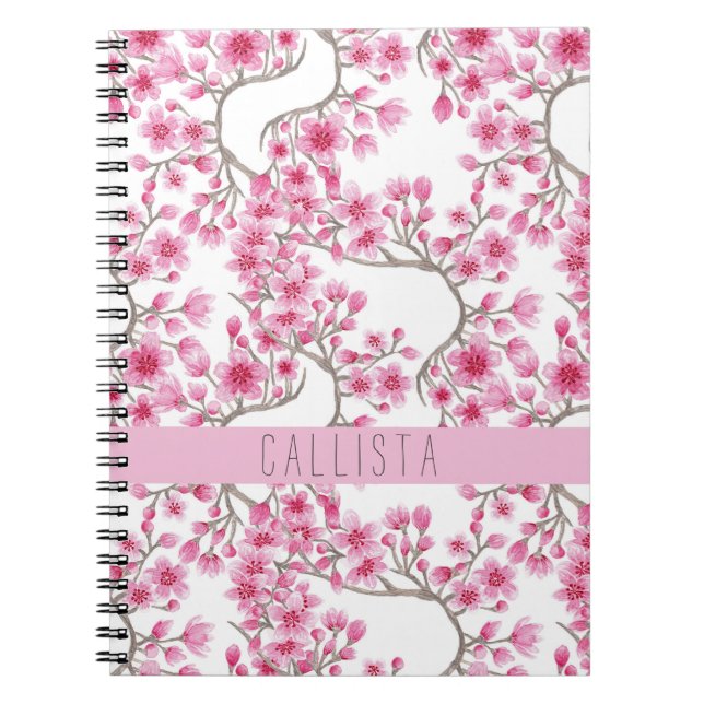 Pink Cherry Blossom Floral Watercolor Monogram Notebook (Front)