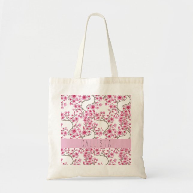 Pink Cherry Blossom Floral Watercolor Monogram Tote Bag (Front)