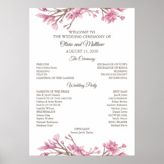 Pink cherry blossom. Floral wedding Program Poster