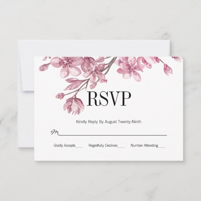 Pink Cherry Blossom Floral Wedding RSVP Card (Front)