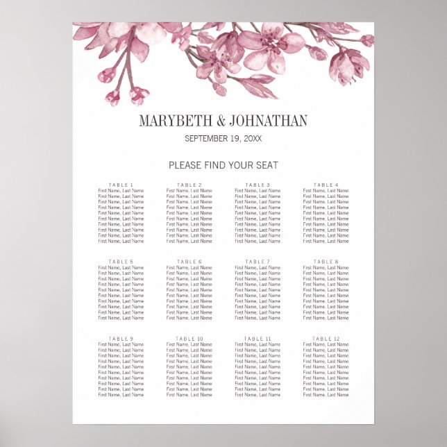 Pink Cherry Blossom Floral Wedding Seating Chart (Front)