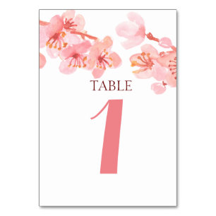 Pink cherry blossom floral wedding table number