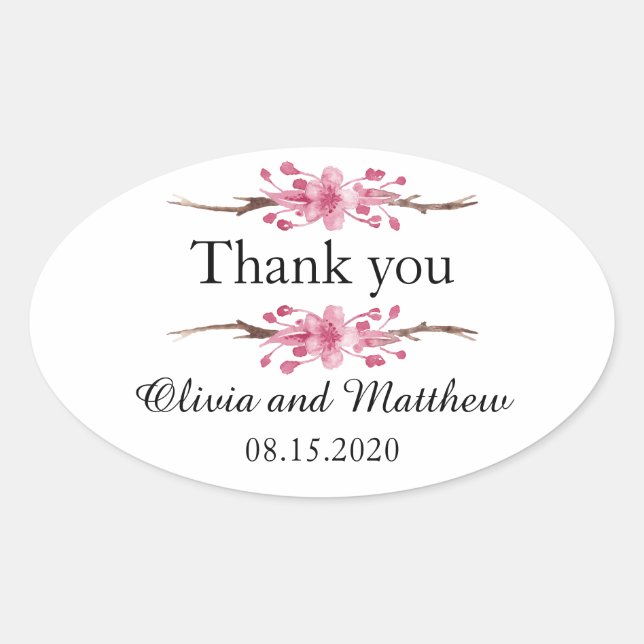 Pink cherry blossom. Floral wedding Thank You Oval Sticker (Front)