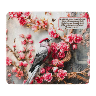 Pink Cherry Blossom Floral With Bird & Bible Verse Cutting Board