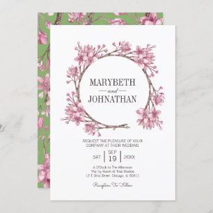 Pink Cherry Blossom Floral Wreath Wedding Invitation
