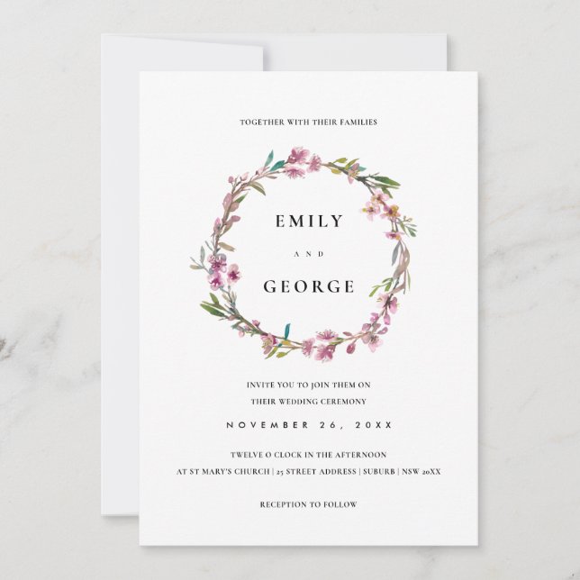 PINK CHERRY BLOSSOM FLORAL WREATH WEDDING INVITE (Front)
