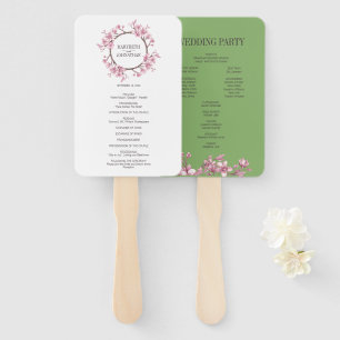 Pink Cherry Blossom Floral Wreath Wedding Program Hand Fan