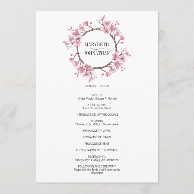 Pink Cherry Blossom Floral Wreath Wedding Program Programme (Front)